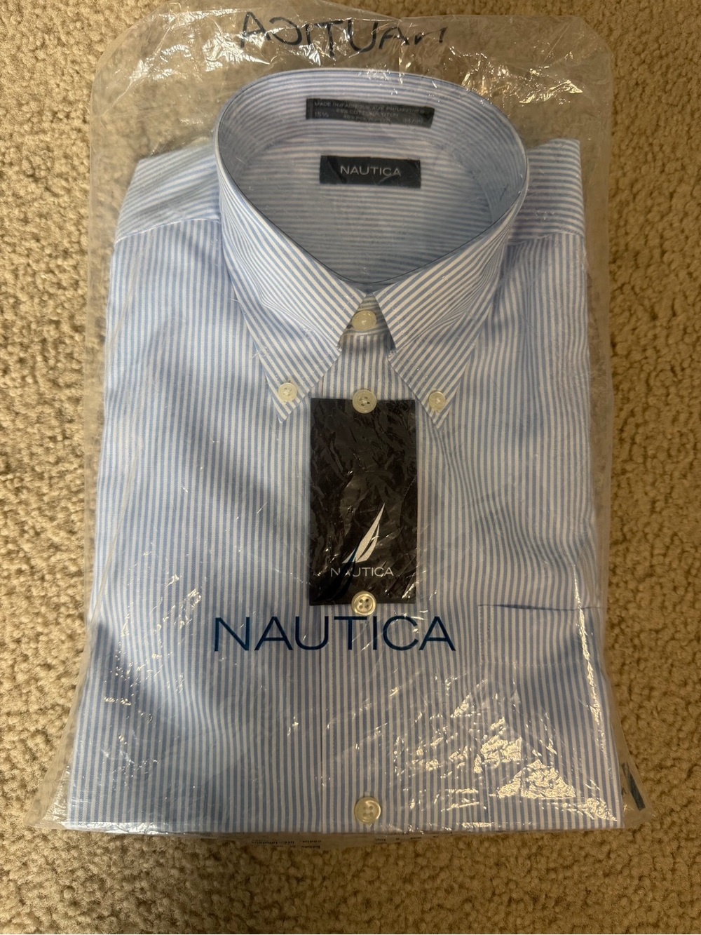 Nautica Men’s Light Blue and White Pinstripe Dress Shirt